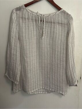 EILEEN FISHER 100% Linen Gauze Sheer Top Womens M Cream Gray Windowpane Plaid